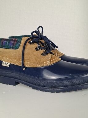 Vintage Baffin Isolated Rubber Duck Boots Rain booties Plaid Lining Tan Suede